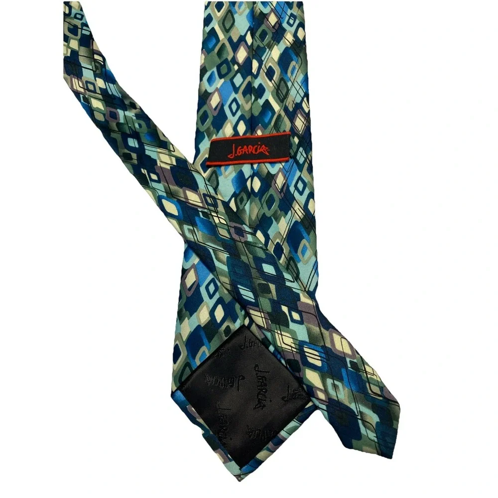 J. Garcia Mens Necktie Blue Green Geometric Diamond‎ Silk Art Series Tie 60 Inch